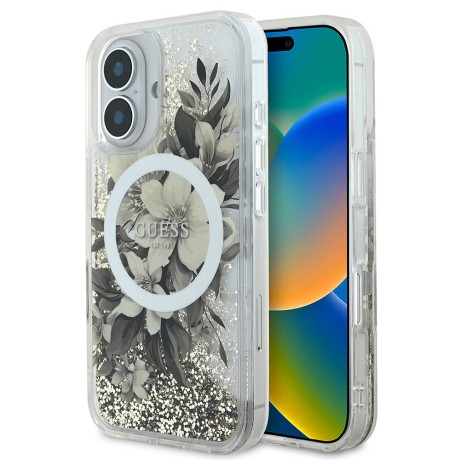 Калъф Guess - Liquid Glitter Flower MagSafe (GUHMP16SLFMWTE) - iPhone 16 - Beige