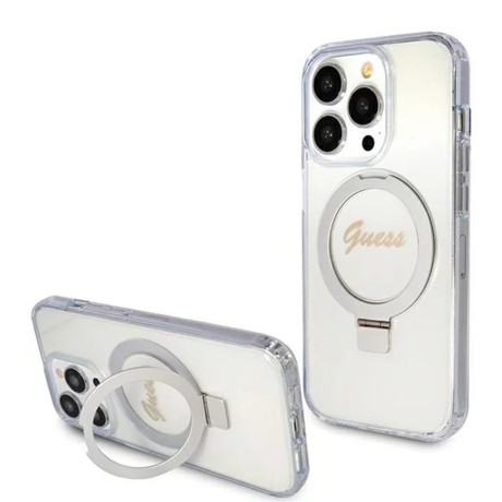 Калъф Guess - Ring Stand Script Glitter MagSafe (GUHMP15LHRSGSD) - iPhone 15 Pro - Clear