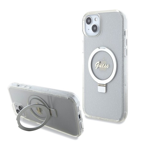 Калъф Guess - Ring Stand Script Glitter MagSafe (GUHMP15MHRSGSD) - iPhone 15 Plus - Clear