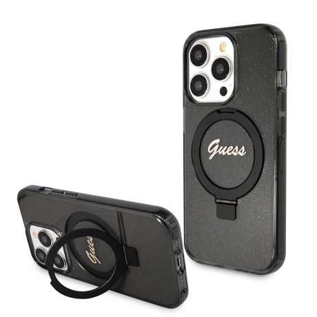 Калъф Guess - Ring Stand Script Glitter MagSafe (GUHMP15LHRSGSK) - iPhone 15 Pro - Black