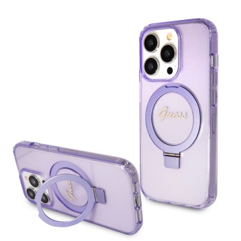 Калъф Guess - Ring Stand Script Glitter MagSafe - iPhone 15 Pro (GUHMP15LHRSGSU) - Purple