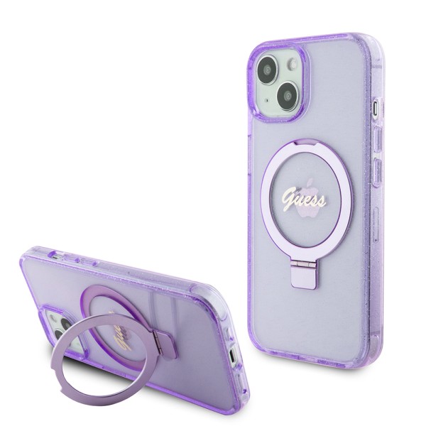 Калъф Guess - Ring Stand Script Glitter MagSafe (GUHMP15MHRSGSU) - iPhone 15 Plus - Purple