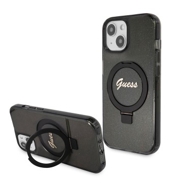 Калъф Guess - Ring Stand Script Glitter MagSafe (GUHMP15SHRSGSK) - iPhone 15 - Black