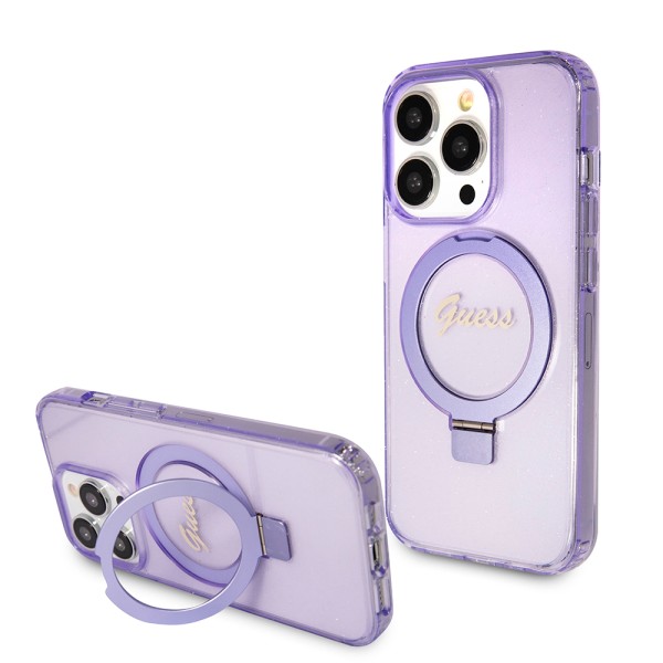 Калъф Guess - Ring Stand Script Glitter MagSafe (GUHMP15XHRSGSU) - iPhone 15 Pro Max - Purple