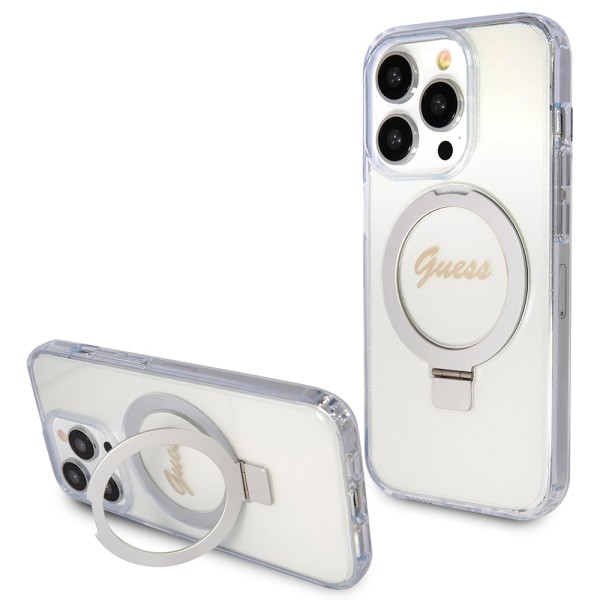 Калъф Guess - Ring Stand Script Glitter MagSafe (GUHMP15XHRSGSD) - iPhone 15 Pro Max - Clear