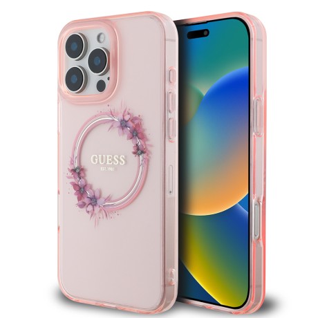 Калъф Guess - IML Flowers Wreath MagSafe (GUHMP16LHFWFCP) - iPhone 16 Pro - Pink