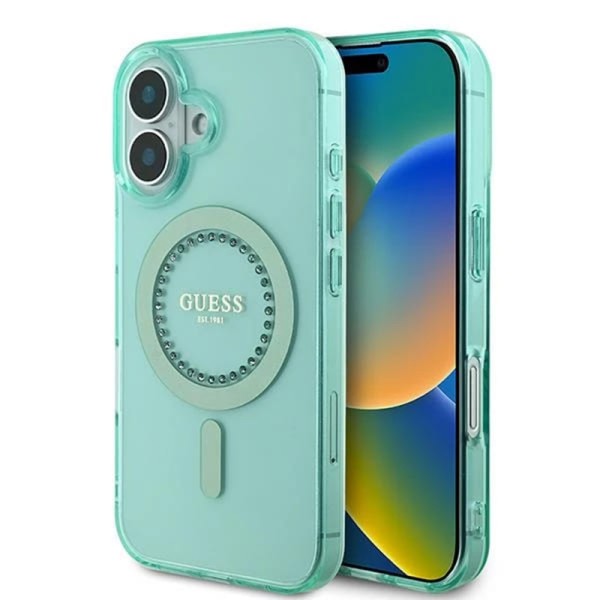 Калъф Guess - IML Rhinestones MagSafe (GUHMP16SPFTDTEN) - iPhone 16 - Green