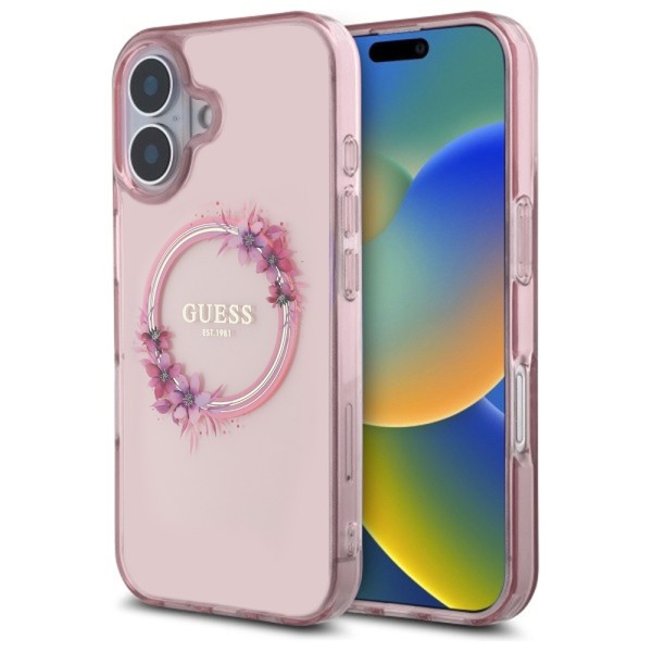 Калъф Guess - IML Flowers Wreath MagSafe (GUHMP16SHFWFCP) - iPhone 16 - Pink