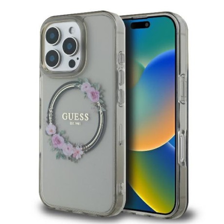 Калъф Guess - IML Flowers Wreath MagSafe (GUHMP16LHFWFCK) - iPhone 16 Pro - Black