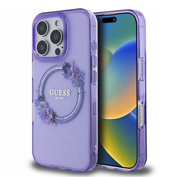 Калъф Guess - IML Flowers Wreath MagSafe (GUHMP16LHFWFCU) - iPhone 16 Pro - Purple