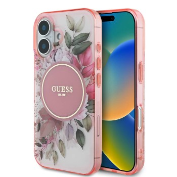 Калъф Guess - IML Flower & Tonal Circle MagSafe (GUHMP16SHFWBDCEP) - iPhone 16 - Pink