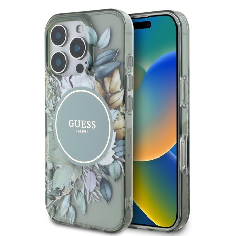 Калъф Guess - IML Flower & Tonal Circle MagSafe (GUHMP16LHFWBDCEN) - iPhone 16 Pro - Green