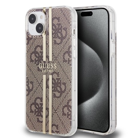 Калъф Guess - Hardcase IML 4G Gold Stripe (GUHCP15SH4PSEGW) - iPhone 15 - Brown