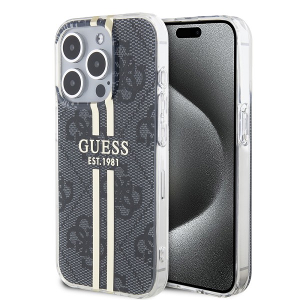 Калъф Guess - Hardcase IML 4G Gold Stripe - iPhone 15 Pro Max (GUHCP15XH4PSEGK) - Black