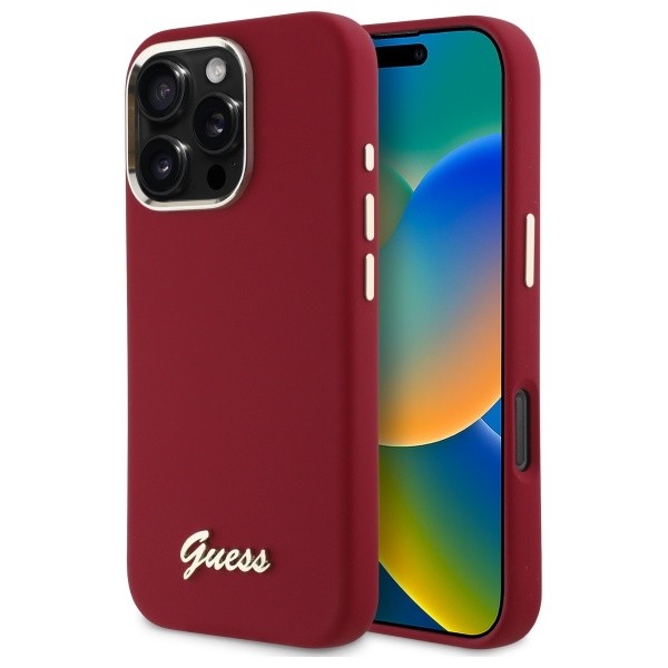 Калъф Guess - Silicone Script Metal Logo (GUHCP16LSMBSLM) - iPhone 16 Pro - Red