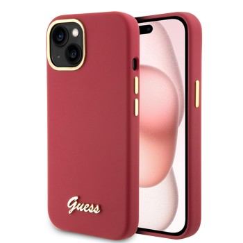 Калъф  Guess - Silicone Script Metal Logo & Frame (GUHCP15SSMBSLM) - iPhone 15 - Red