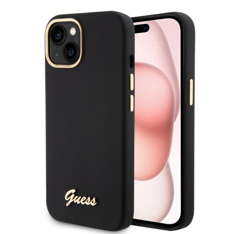 Калъф  Guess - Silicone Script Metal Logo & Frame (GUHCP15SSMBSLK) - iPhone 15 - Black