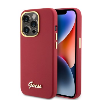 Калъф  Guess - Silicone Script Metal Logo & Frame (GUHCP15LSMBSLM) - iPhone 15 Pro - Red