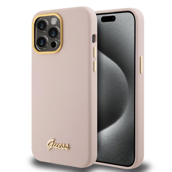 Калъф  Guess - Silicone Script Metal Logo & Frame (GUHCP15XSMBSLP) - iPhone 15 Pro Max - Light Pink