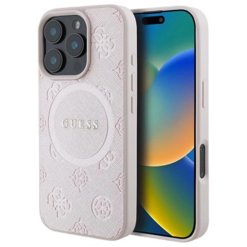 Калъф Guess - Saffiano Peony Classic Logo MagSafe (GUHMP16LPSAPSMEP) - iPhone 16 Pro - Pink