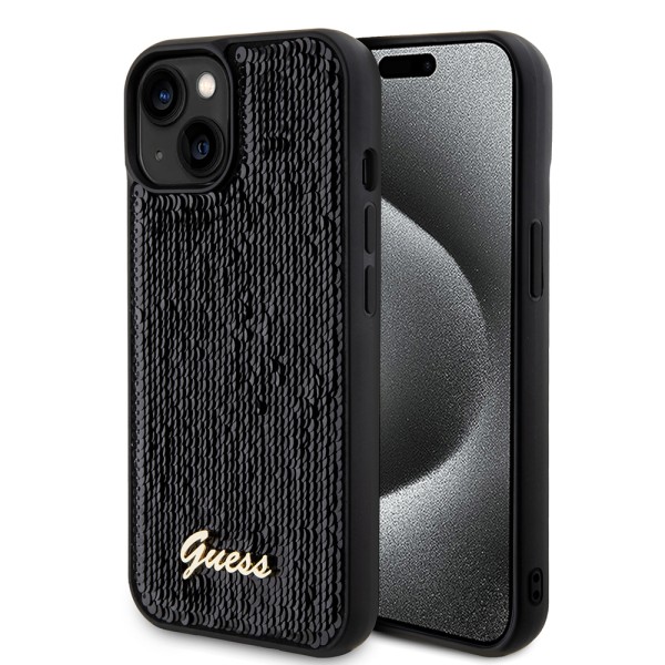 Калъф Guess - Sequin Script Metal (GUHCP15SPSFDGSK) - iPhone 15 - Black