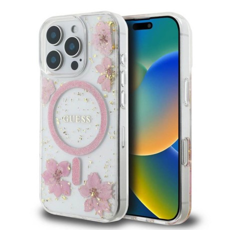 Калъф Guess - Hardcase Resin Flowers and Glitter MagSafe (GUHMP16LRBFGFGMP) - iPhone 16 Pro - Pink