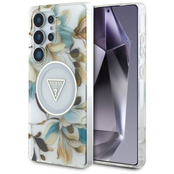 Калъф Guess - IML Metal Glitter Flowers Triangle MagSafe (GUHMS25LHFLPEDH) - Samsung Galaxy S25 Ultra - White