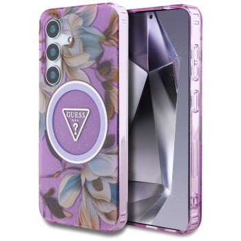 Калъф Guess - IML Metal Glitter Flowers Triangle MagSafe (GUHMS25SHFLPEDU) - Samsung Galaxy S25 - Purple