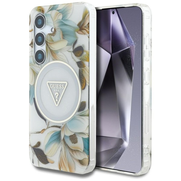 Калъф Guess - IML Metal Glitter Flowers Triangle MagSafe (GUHMS25SHFLPEDH) - Samsung Galaxy S25 - White