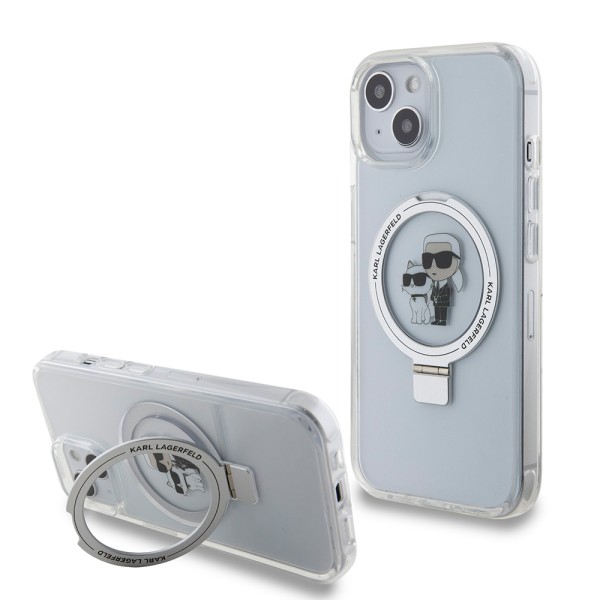 Калъф Karl Lagerfeld - Hardcase Ring Stand MagSafe (KLHMP15SHMRSKCH) - iPhone 15 - White Karl&Choupette