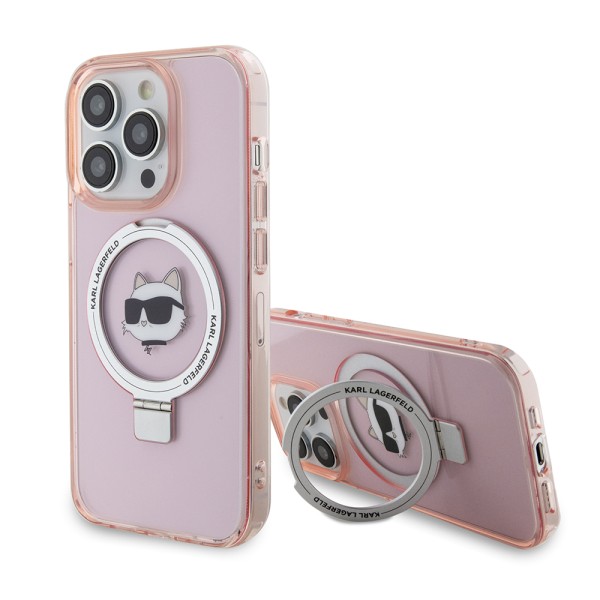 Калъф Karl Lagerfeld - Hardcase Ring Stand MagSafe (KLHMP15LHMRSCHP) - iPhone 15 Pro - Pink Choupette Head