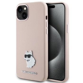 Калъф Karl Lagerfeld - Silicone (KLHCP15MSMHCNPP) - iPhone 15 Plus - Pink Choupette Metal Pin