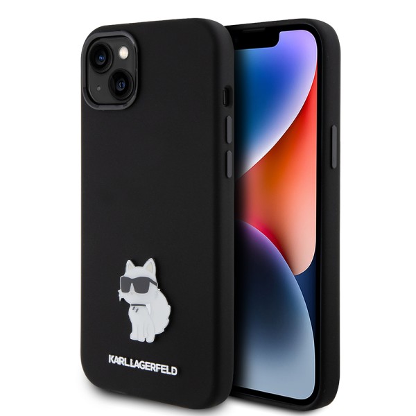 Калъф Karl Lagerfeld - Silicone (KLHCP15MSMHCNPK) - iPhone 15 Plus - Choupette Metal Pin