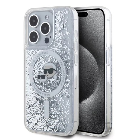 Калъф Karl Lagerfeld - Liquid Glitter MagSafe (KLHMP15LLGKCSGH) - iPhone 15 Pro - Transparent Karl&Choupette Head