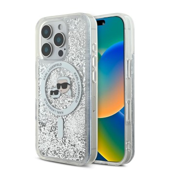 Калъф Karl Lagerfeld - Liquid Glitter MagSafe (KLHMP16LLGKCSGH) - iPhone 16 Pro - Clear Karl&Choupette Head