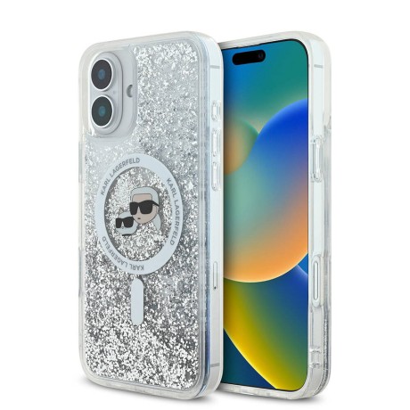 Калъф Karl Lagerfeld - Glitter Liquid MagSafe (KLHMP16SLGKCSGH) - iPhone 16 - Transparent Karl&Choupette Head