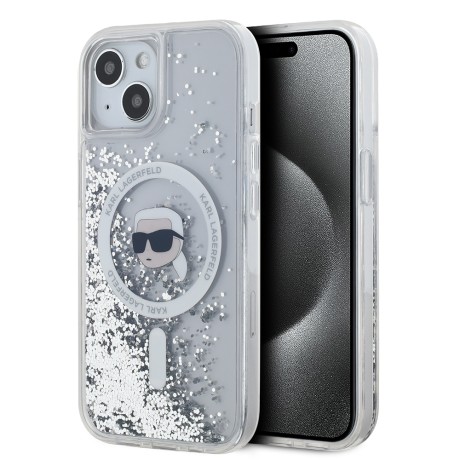 Калъф Karl Lagerfeld - Liquid Glitter MagSafe (KLHMP15SLGKISGH) - iPhone 15 - Transparent Karl Head