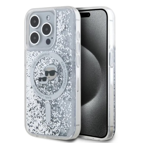 Калъф Karl Lagerfeld - Liquid Glitter MagSafe (KLHMP15XLGKISGH) - iPhone 15 Pro Max - Transparent Karl Head