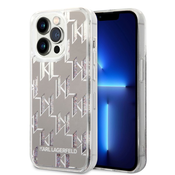 Калъф Karl Lagerfeld - Hardcase Liquid Glitter (KLHCP14LLMNMS) - iPhone 14 Pro - Silver Monogram