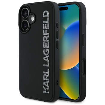 Калъф Karl Lagerfeld - 3D Design (KLHCP16SRBKGVCK) - iPhone 16 - Rubber Elongated Glitter Logo