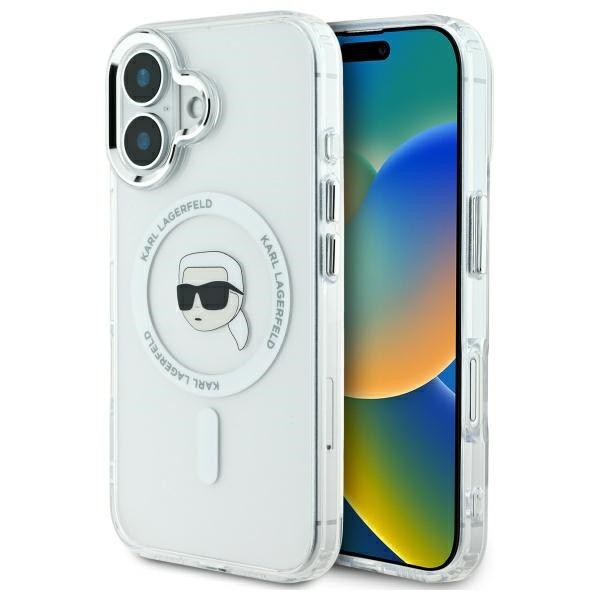 Калъф Karl Lagerfeld - IML MagSafe (KLHMP16SHLSKIH) - iPhone 16 - White Metal Karl`s Head