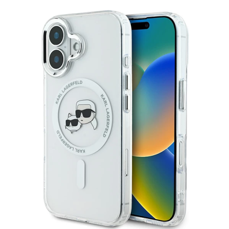 Калъф Karl Lagerfeld - IML MagSafe (KLHMP16MHLSKCH) - iPhone 16 Plus - White Metal Karl&Choupette Head