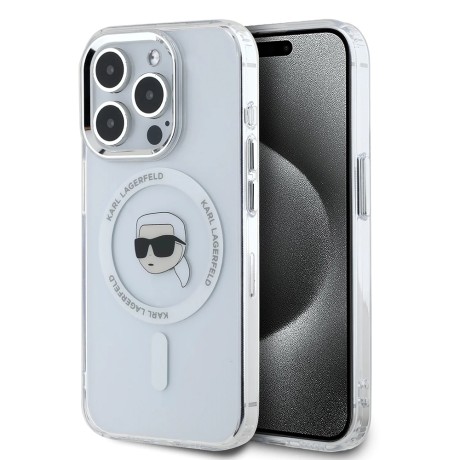 Калъф Karl Lagerfeld - IML MagSafe (KLHMP16LHLSKIH) - iPhone 16 Pro - White Metal Karl`s Head