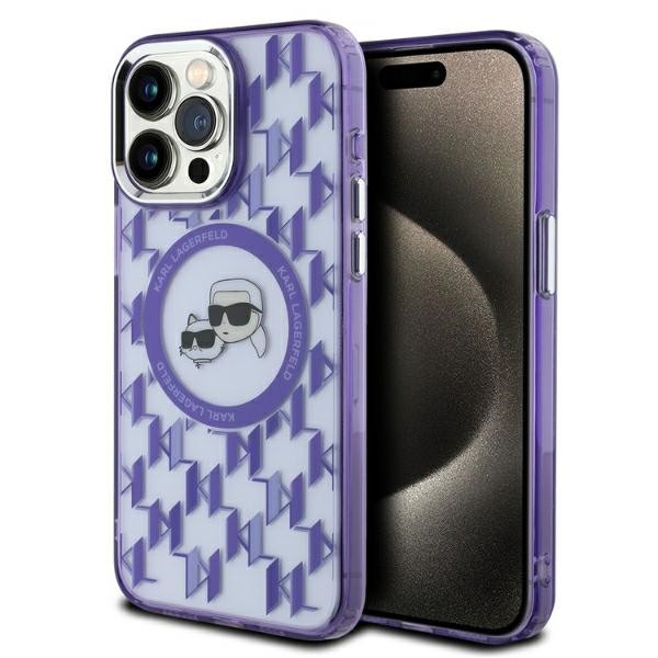 Калъф Karl Lagerfeld - IML MagSafe (KLHMP15LHMCKMHU) - iPhone 15 Pro - Purple Monogram Karl&Choupette Head