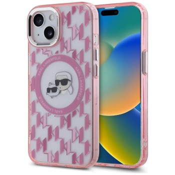 Калъф Karl Lagerfeld - IML MagSafe (KLHMP15SHMCKMHP) - iPhone 15 - Pink Monogram Karl&Choupette Head