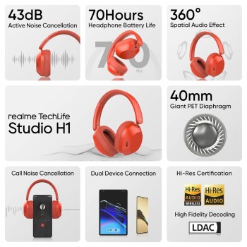 Слушалки Realme Techlife Studio H1, Ear Over Wireless, 360° Spatial Audio, Bluetooth, Red