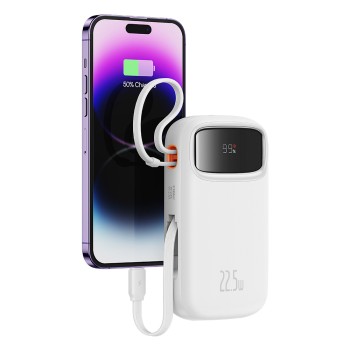 Външна батерия-Baseus -  Lightning, 2x Type-C, USB, 22.5W, 20000mAh, Cable Type-C, 30cm - White