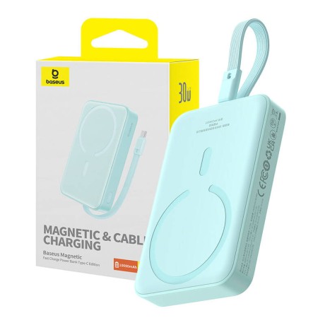 Калъф-Baseus - Power Bank Magnetic Mini (P1002210B333-00) - MagSafe, 2x USB-C, Lightning, 30W, Fast Charge, 10000mAh - Blue