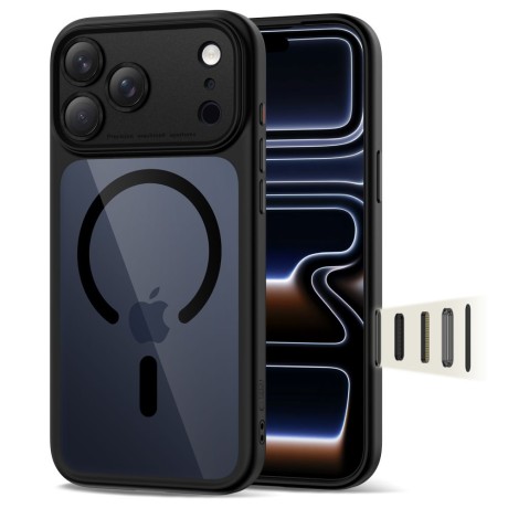 Стилен MagSafe калъф Tech-Protect MagPeak CC за iPhone 17 Pro Max. Прозрачен гръб и черна рамка.