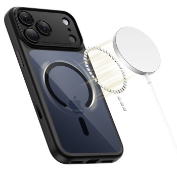 Стилен MagSafe калъф Tech-Protect MagPeak CC за iPhone 17 Pro Max. Прозрачен гръб и черна рамка.